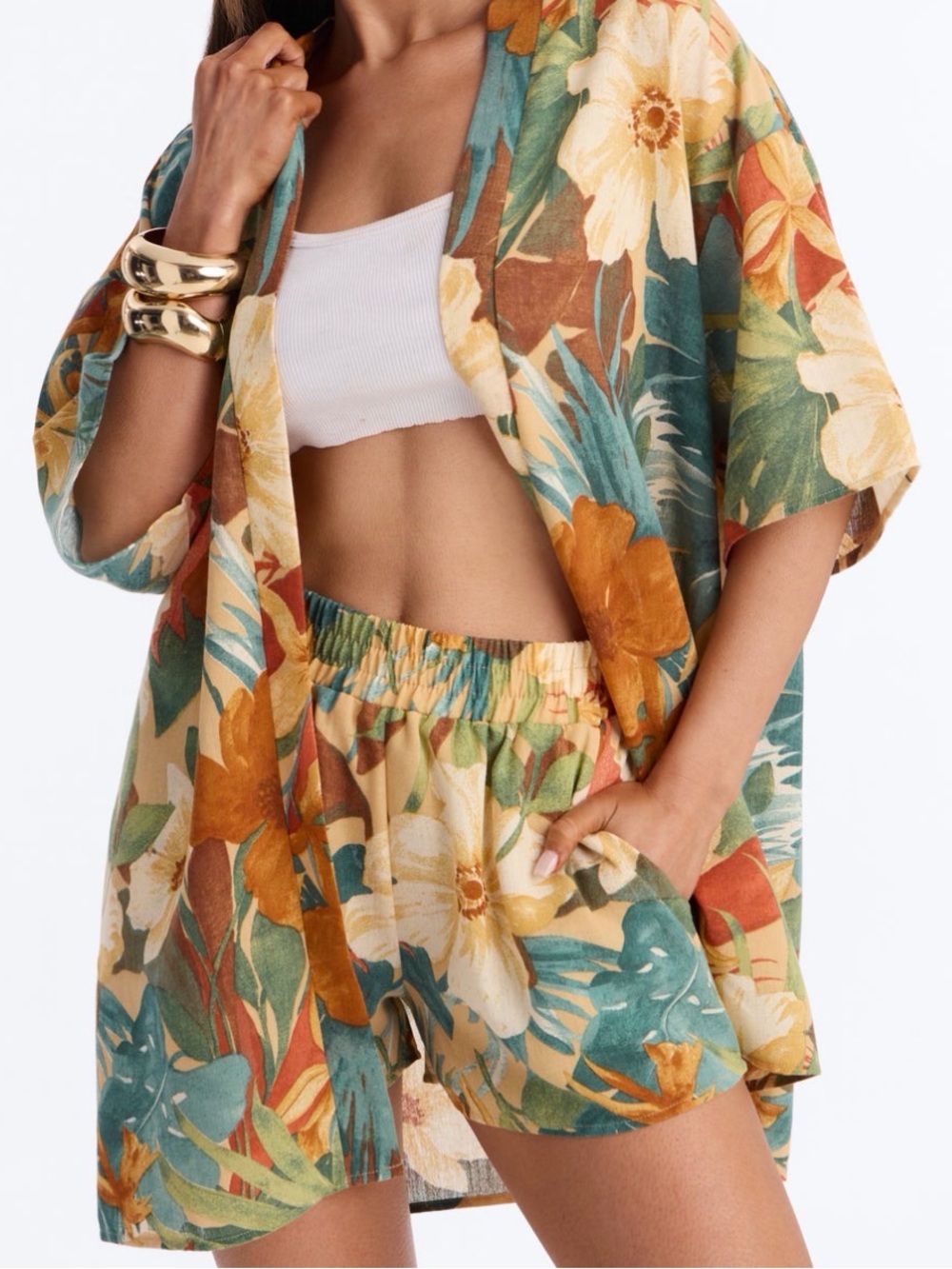 Fashion Nova Tropical Floral Swim Cover-Up Set in Green & Tan